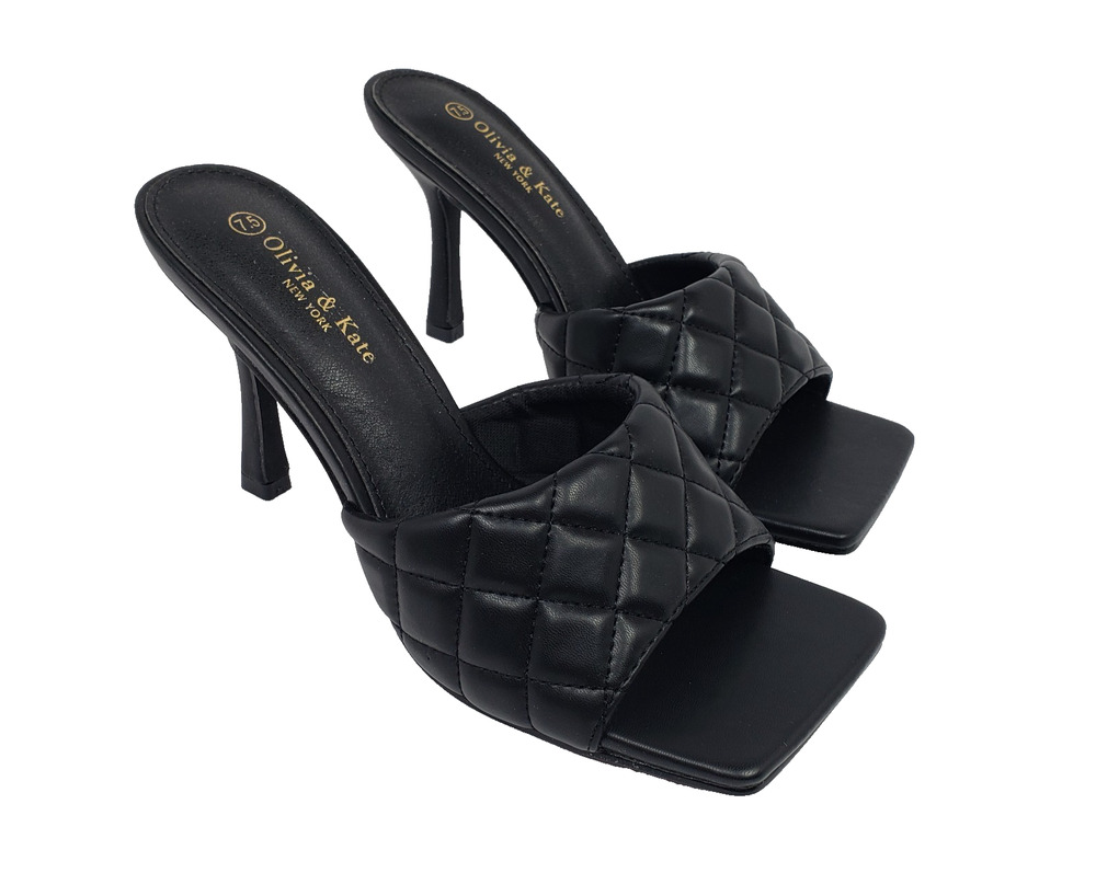 Olivia & Kate Sarabeth Womens Size 7.5 Black Quilted Slip On 3.75" Heel Sandals